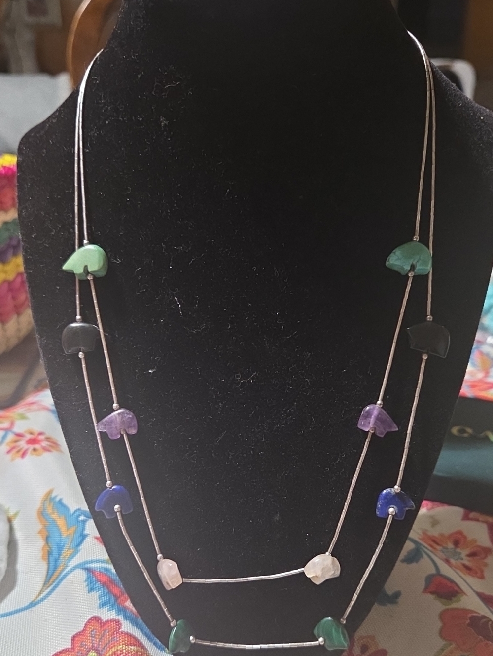 925 ZUNI DOUBLE STRANDED BEAR FETISH NECKLACE